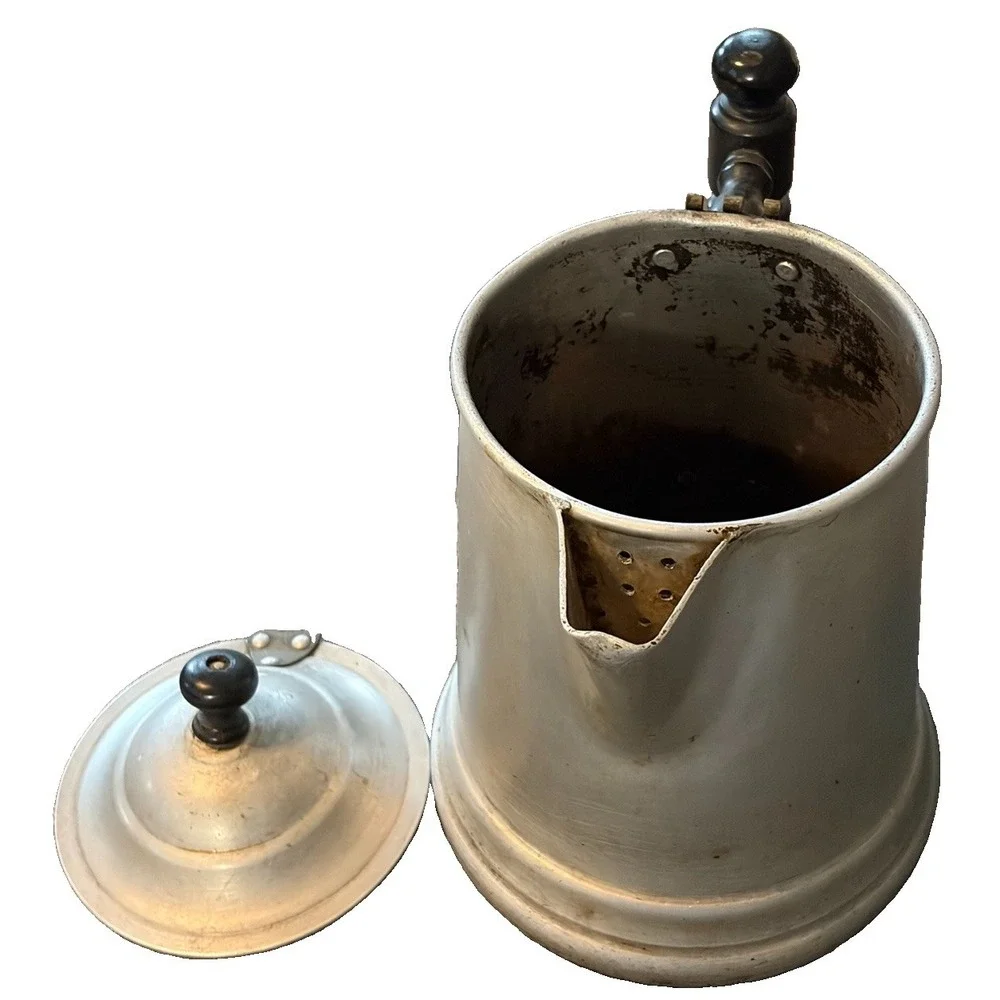 Vintage Aluminum Coffee Pot Hinged Lid Black Handle Strainer Spout Primitive